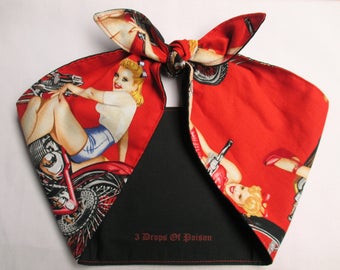 50's Pinup Girls Bikes Print red Extra wide Headband Motorcycles Pin-up Vintage Retro Style 50s Rockabilly Head Scarf Wrap Tattoo Print