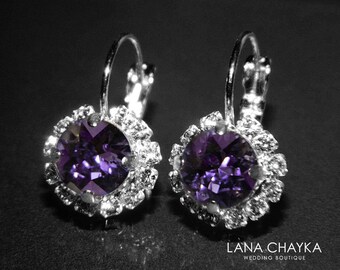 ON SALE Tanzanite Halo Crystal Earrings Swarovski Tanzanite Rhinestone Leverback Earrings Wedding Tanzanite Jewelry Birthstone December