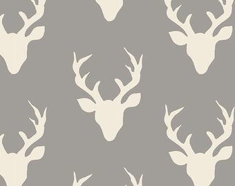 Hello Bear fabric, Deer Fabric by Bonnie Christine for Art Gallery, Gray fabric, Woodland Creatures, Antler fabric- Buck Forest in Mist