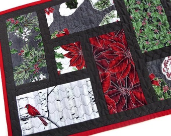 Quilted Christmas Table Runner, Holiday Table Runner, Winter Table Runner, Cardinal Table Runner, Birch Trees, Poinsettias, Holly