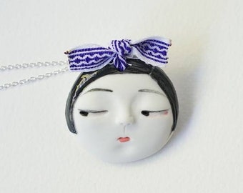 Little head Face Handmade Porcelain Ceramic Pendant Necklace