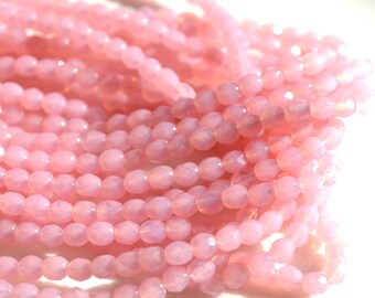 Pretty Milky Pink 4mm Faceted Fire Polish Round Beads 50