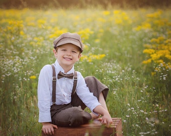 Ring Bearer outfit - brown vintage wedding - Newsboy hat suspenders pants bow tie - toddler boy set baby