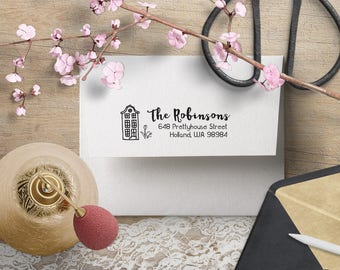 Dutch House Return Address Stamp, Custom Address Stamp, Calligraphy Address Stamp, Self-inking Rubber Stamp - Wedding Stationery Stamper 36