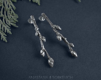 Branch earrings, sterling silver twig, botanical earrings, silver woodland earrings, forest jewelry, tree branch jewelry, nature studs