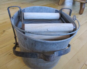 Mid Century Eagle Galvanized Mop Bucket wooden rollers Photo or Set prop. Primitive Rustic MCM decor or prop roller works