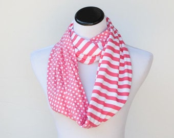 Infinity scarf pink white polka dots and stripes scarf - circle scarf loop scarf gift idea for her - gift for mom gift for girl