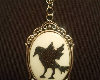Crow raven glittery porcelain cameo necklace