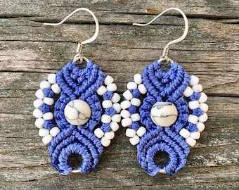 SALE Micro-Macrame Earrings - Blue and White