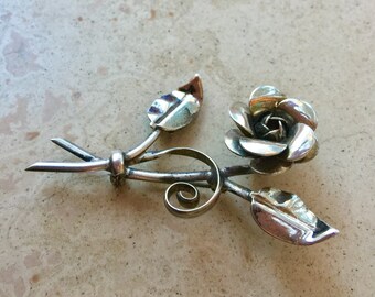 Vintage Lang Rose brooch Sterling flower pin Lang pin leaf motif handmade Mid- century modern