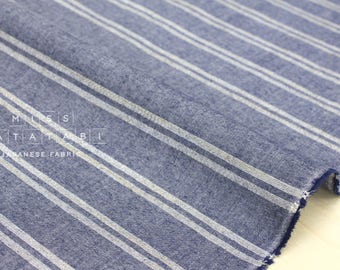 Japanese Fabric - metallic stripes chambray - blue, silver, gold - 50cm