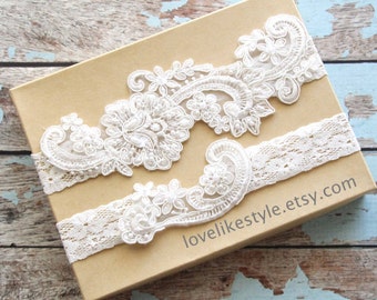 Wedding Garter Set, Light Blue Pearl Beaded Lace Wedding Garter Set, Ivory Lace Garter Set, Lace Wedding Garter Belt, Style No. GT-53