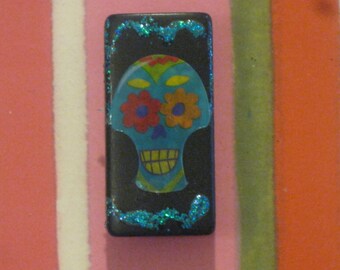 Day of the Dead Glitter Bamboo Domino Tile Magnet