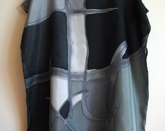 Silk blouse hand painted-Silk scarf-Wedding blouse- Scarves for her-Wedding silk top-Silk handpainted - Black-grey-white silk blouse