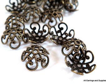 25 - 10mm Bead Caps Fancy Flower Antique Bronze Plated Brass - 25 pc - F4080BC-AB25