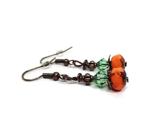 Halloween Earrings, Orange and Green, Antiqued Brass, Vintage Style, Fall Autumn, Lever Back Hook