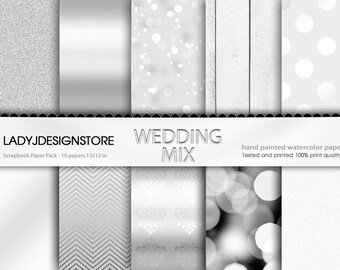 White Digital Wedding Paper Mix White Bokeh, Glitter, Wood, Foil, Chevron glitter shiny paper with white mix silver metalic digital paper