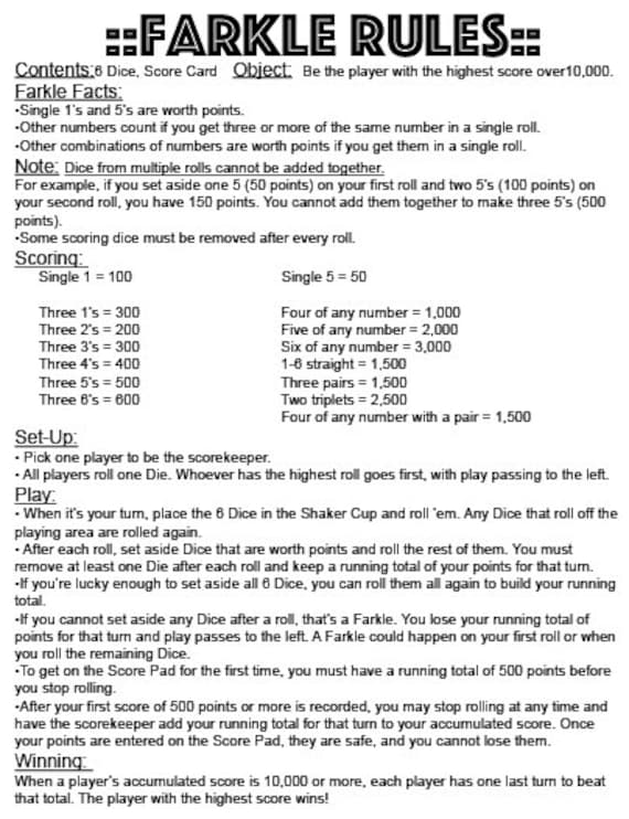 farkle scoring guidelines