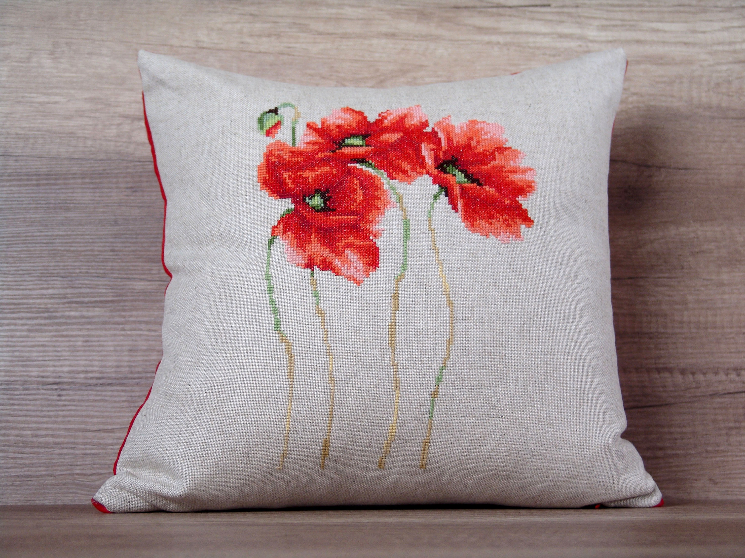 Red poppy flowers crossstitch throw pillow case gift