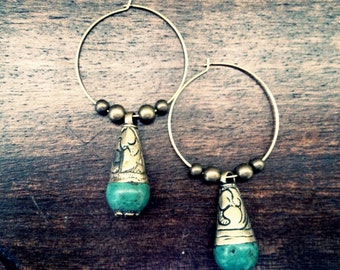 Tibetan Earrings,Turquoise Earrings,Tibetan Jewelry, Turquoise Hoops,Boho Earrings,Tribal Earrings,Turquoise Hoop Earrings,