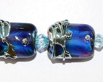 Handmade Lampwork Glass beads Earring Pair in Midnight Blue Silver Glass SRA