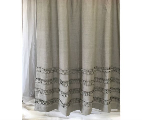 Medium Grey Linen Shower Curtains With 4 Rows Of Ruffles