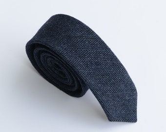 Navy Wool Tie.Navy Neckties for Men.Navy Herringbone Wool Necktie.Navy Wedding Tie.Navy Skinny Tie.Groomsmen Gift.