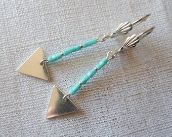 Turquoise beads and silver triangle Stud Earrings