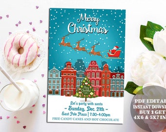 Rustic Christmas Invitation, Christmas Flyer, Santa Claus Flyer, Christmas Party Flyer Santa, Claus is coming to town, pdf editable