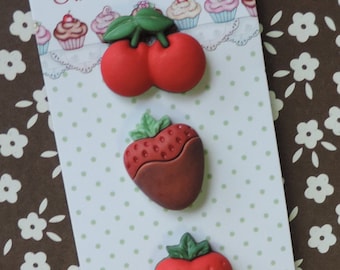 Strawberry and Cherry Buttons, Carded Set of 3, Novelty Buttons, Sweet Delights Style SD121 by Buttons Galore, Embellishments