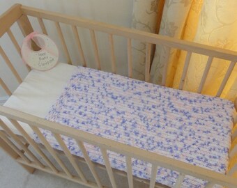 Hand Knitted Chenille Baby Blanket. Hand Knitted Baby Blanket in Pink Lilac and White.