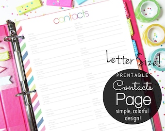 Printable Contacts Planner Page, Letter Size - INSTANT DOWNLOAD - Phone Numbers, Address Book, colorful