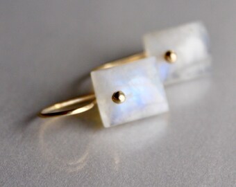 Gold Rainbow Moonstone Earrings, 14k Gold Filled or 14k Solid Gold Moonstone Earrings Rectangular