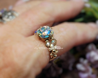 Swarovski Crystal AB Hand Crafted Wire Wrapped Ring Original Signature Design Fine Jewelry April Birthstone Unique Handmade Ring