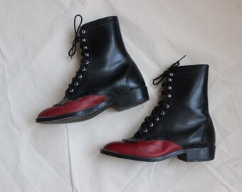 7.5 | Two-Tone Laredo Roper Boots with Kilties / Black and Red Laredo Roper Boots / Vintage Leather Boots / Women's 7.5 / Men's 4.5 M