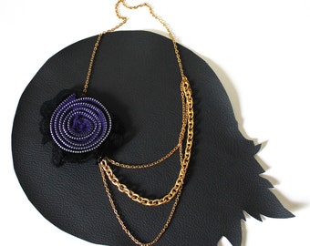 Purple Zipper Rosette with Black Lace and Gold Chain Necklace