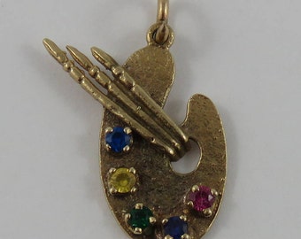 Painter's Palette with Stones & Brushes 10K Gold Vintage Charm For Bracelet
