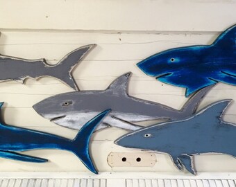 Wall of Sharks Signs Set of 5 Beach House Wall Art Decor Coastal Nautical by CastawaysHall