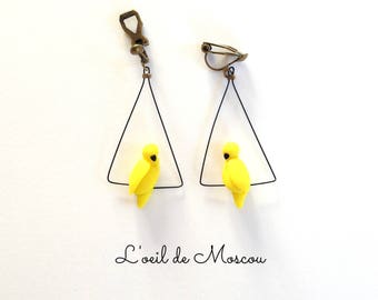 Clip earrings designer canary yellow bird on wire