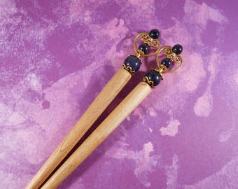 All That Glitters - Blue Goldstone and gold beaded heart hairstick pair, long hair, Valentine's Day, beaded hairsticks
