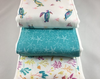 Burp cloths, nautical, ocean, fish, marine, baby shower, sea turtle, coral, star fish