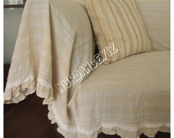 Sofa throw cover rectangle-ruffled-large couch coverlet- pet furniture protectors -lightweight white ivory Buldan fabric Nurdanceyiz Turkey