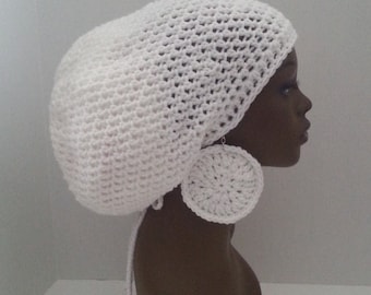 White Crochet Tam with Drawstring and Earrings, Large White Rasta Tam, White Dreadlock Tam and Earrings, Dreadlock Hat/Cap, Hat For Locs