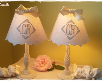 pair of patinated old lamps, Lampshade vintage monograms