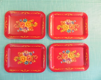 Vintage Red Toleware Trays - Set Of 4 - Red Metal Tip Trays