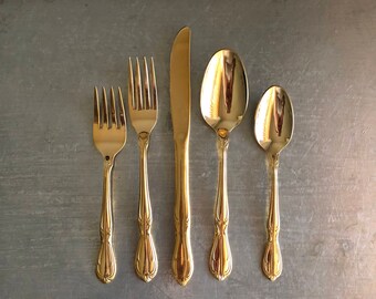 vintage gold plated stainless flatware service for 8 Rogers Cutlery
