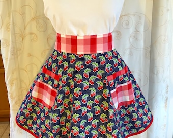 Women's Half apron, Cherry Apron, Navy Blue, Red, White, Apron