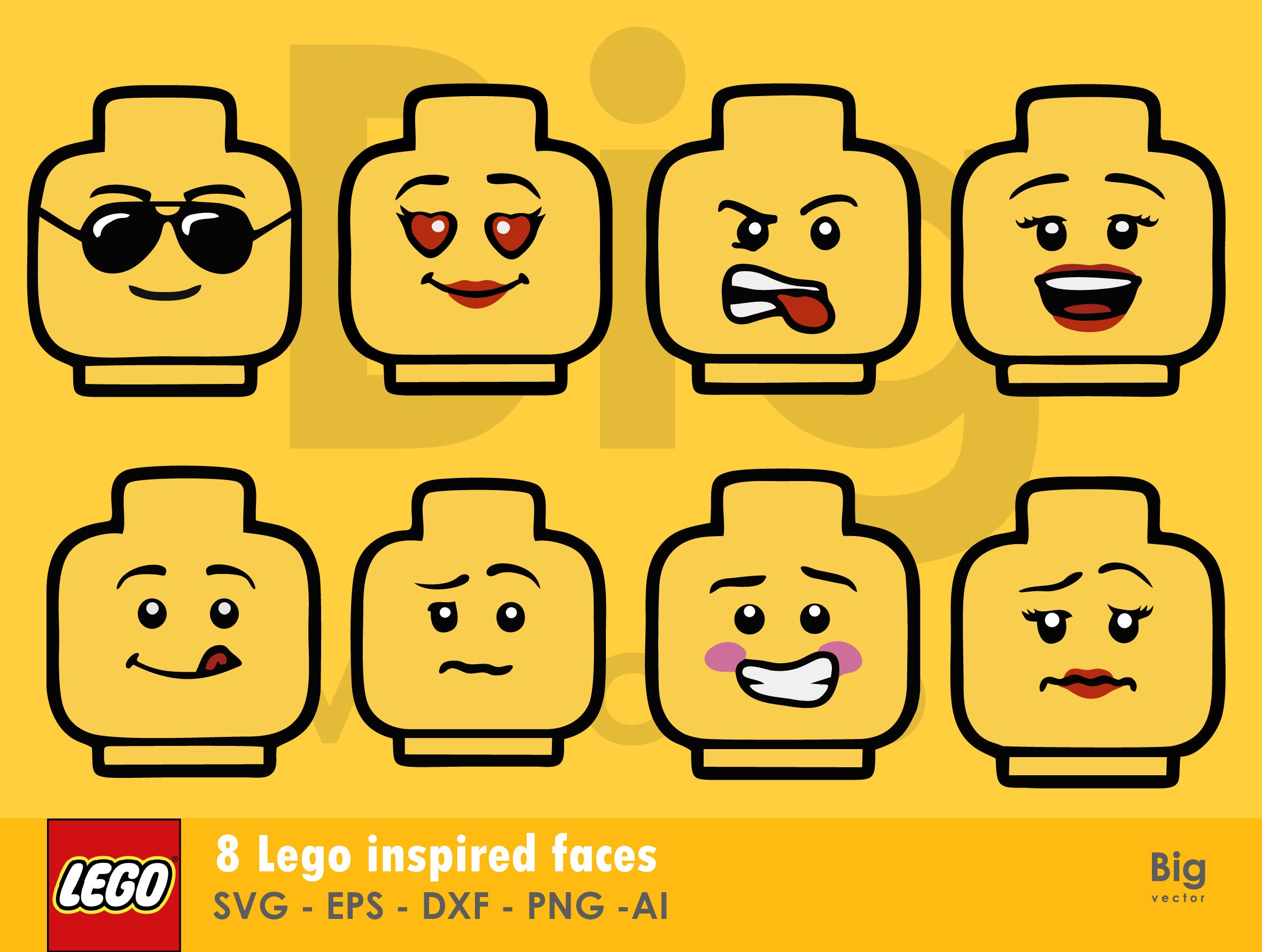 Lego faces figures EPS SVG PNG Ai dxf cuttable and printable