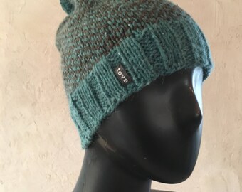 Classic warm winter pompom hat / Turquoise and brown