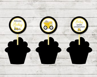 Cupcake Toppers - Construction Baby Shower - Party Circles Cupcake Toppers - Yellow and Black - INSTANT DOWNLOAD - Printable